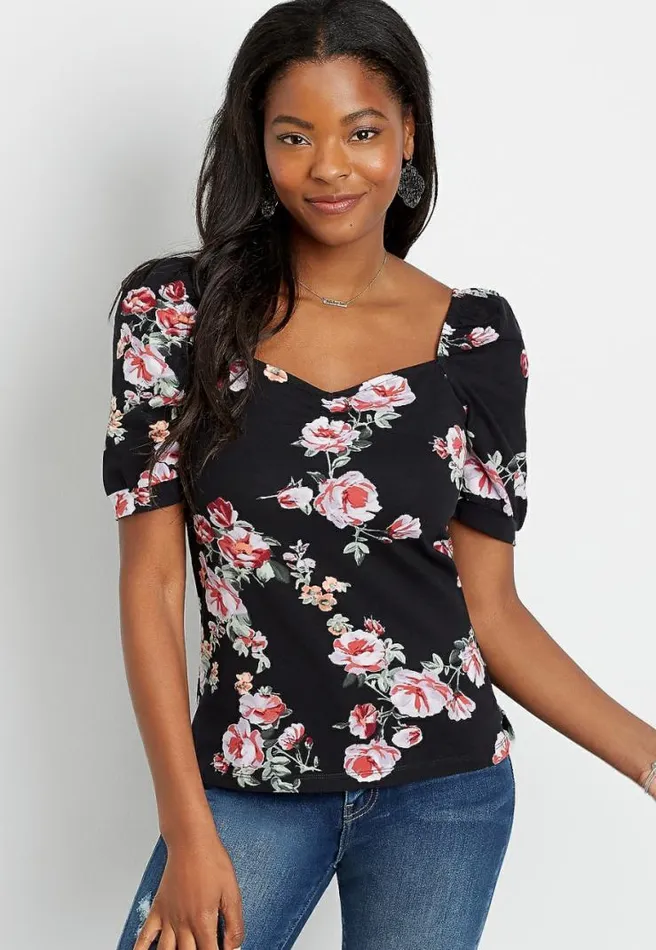 247 Black Floral Ruched Sweetheart Puff Sleeve Top Women Maurices Tops