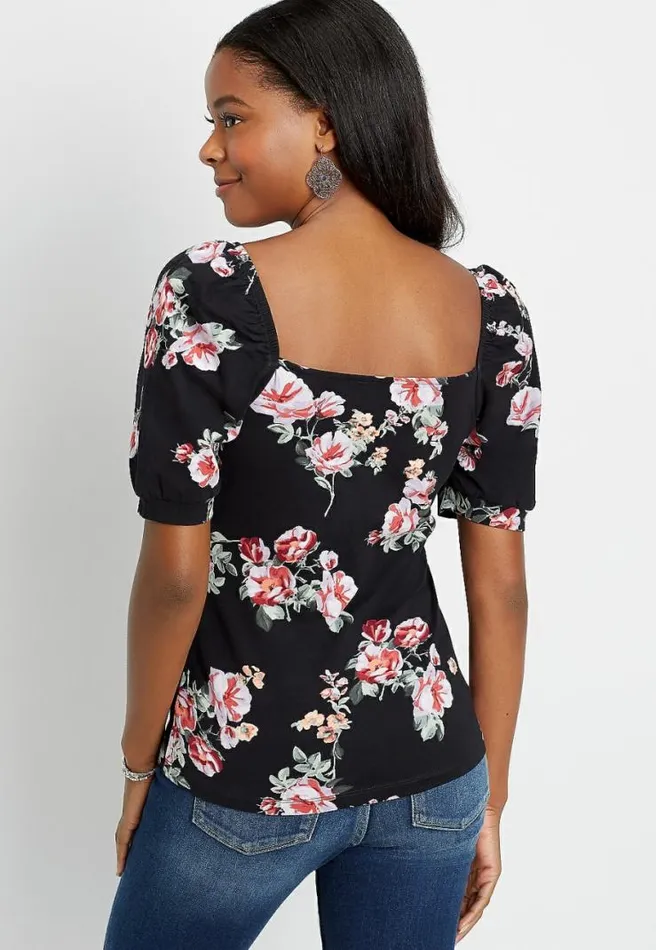 247 Black Floral Ruched Sweetheart Puff Sleeve Top Women Maurices Tops