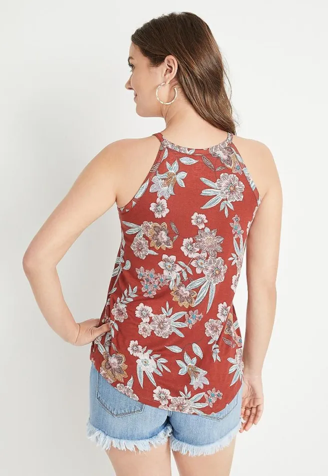 247 Red Floral High Neck Tank Top Women Maurices Tops