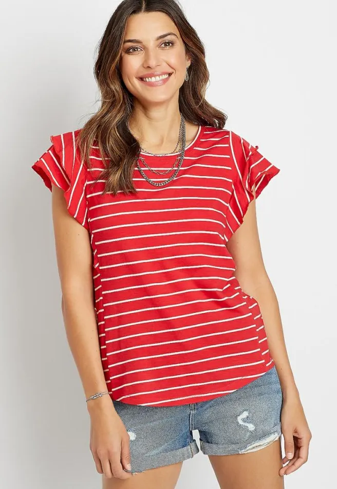 247 Red Stripe Ruffle Sleeve Tee Women Maurices Tops