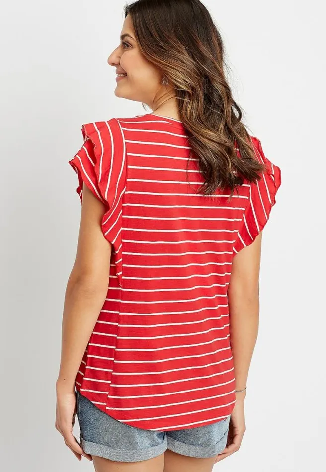 247 Red Stripe Ruffle Sleeve Tee Women Maurices Tops