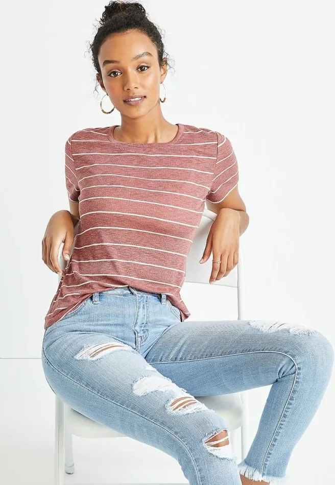 247 Red Striped Rib Knit Tuck In Tee Women Maurices Tops
