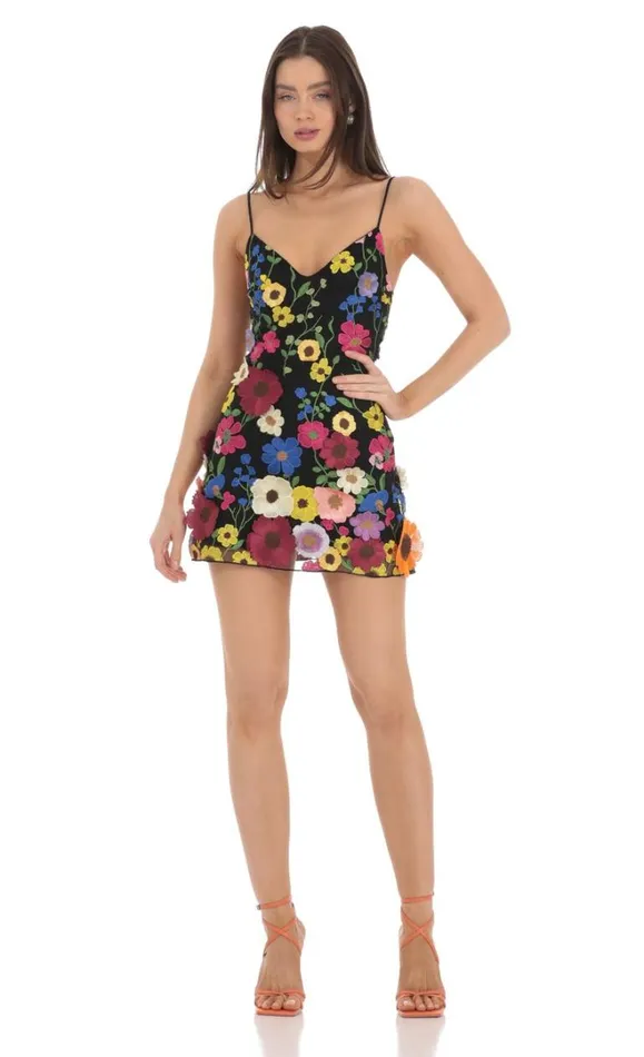 3D Flower VNeck Dress Black Women LUCY IN THE SKY Mini Dresses