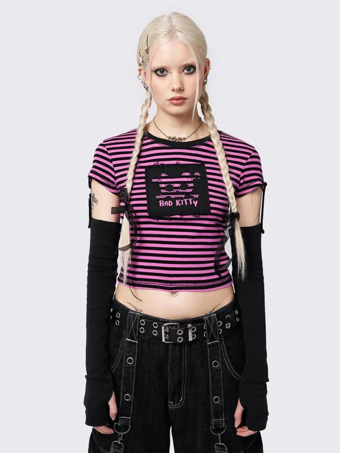 Bad Kitty Pink Striped Detachable Sleeve Top Women Minga London Tops and TShirts