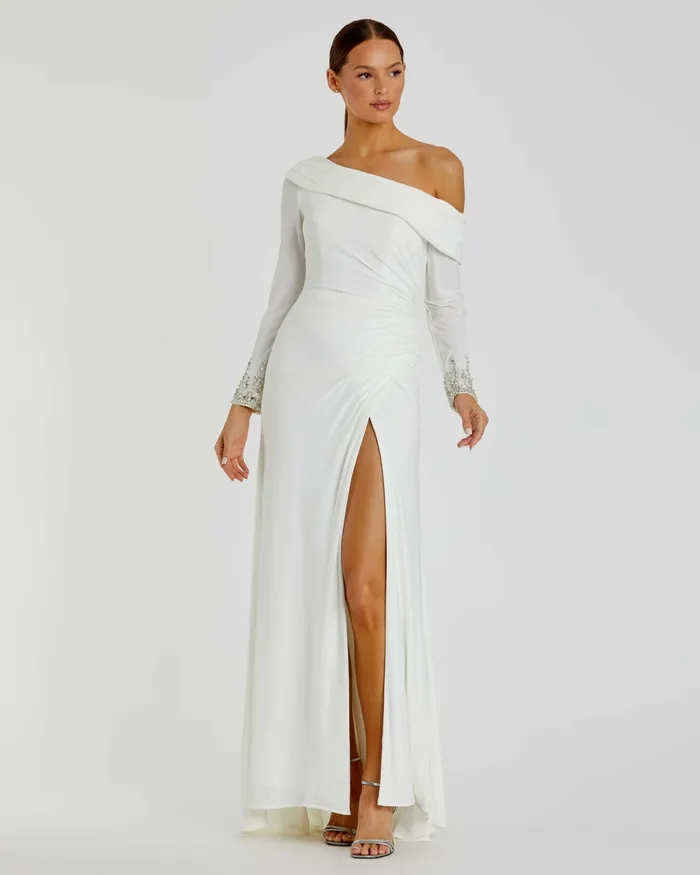 Best Sellers Beaded Cuff Drop Shoulder Faux Wrap Dress White 8211 Mac Duggal Women