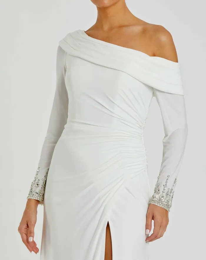 Best Sellers Beaded Cuff Drop Shoulder Faux Wrap Dress White 8211 Mac Duggal Women