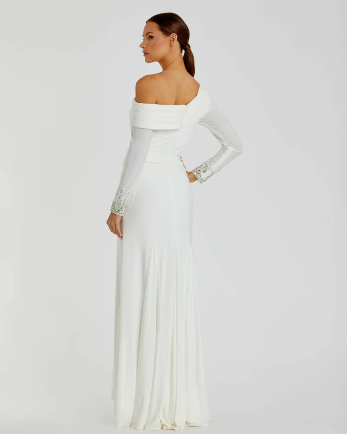 Best Sellers Beaded Cuff Drop Shoulder Faux Wrap Dress White 8211 Mac Duggal Women