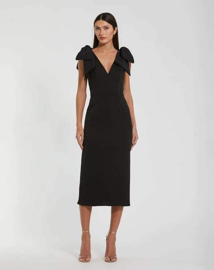 Best Sellers Mac Duggal Women Bow Strap Crepe Fitted Midi Dress Black