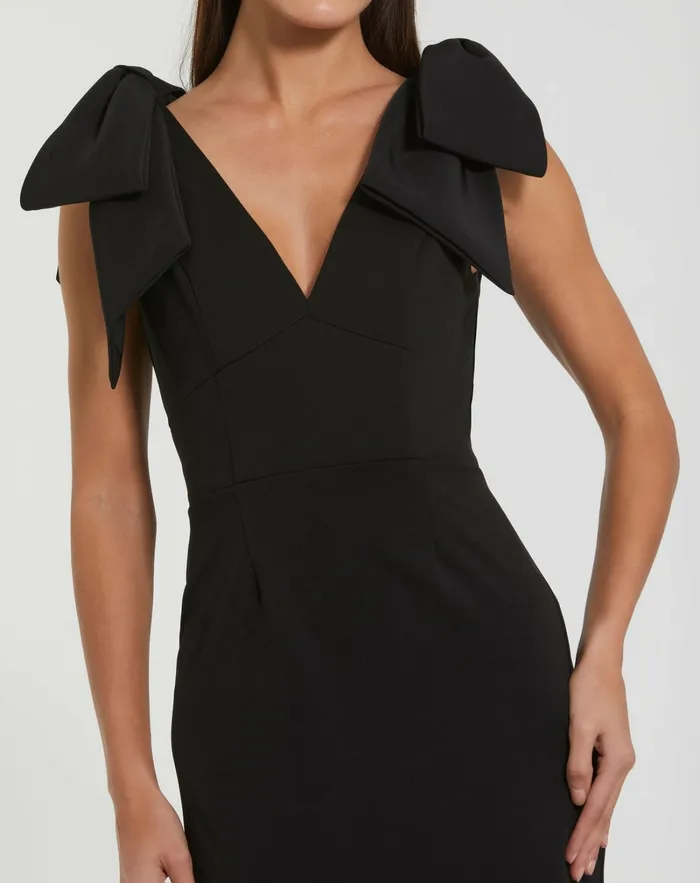 Best Sellers Mac Duggal Women Bow Strap Crepe Fitted Midi Dress Black Best Sellers Mac Duggal Women Bow Strap Crepe Fitted Midi Dress Black