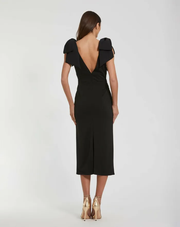 Best Sellers Mac Duggal Women Bow Strap Crepe Fitted Midi Dress Black Best Sellers Mac Duggal Women Bow Strap Crepe Fitted Midi Dress Black