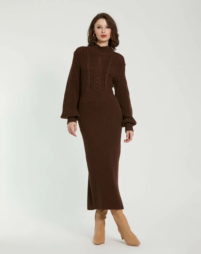 Best Sellers Mac Duggal Women Long Sleeve Turtle Neck Knit Midi Dress Chocolate