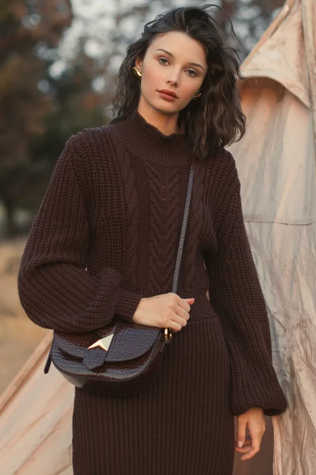 Best Sellers Mac Duggal Women Long Sleeve Turtle Neck Knit Midi Dress Chocolate