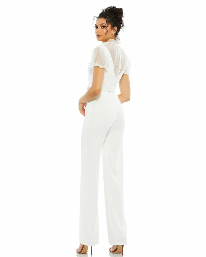 Best Sellers Women White Belted Illusion High Neck Cap Sleeve Jumpsuit White Mac Duggal