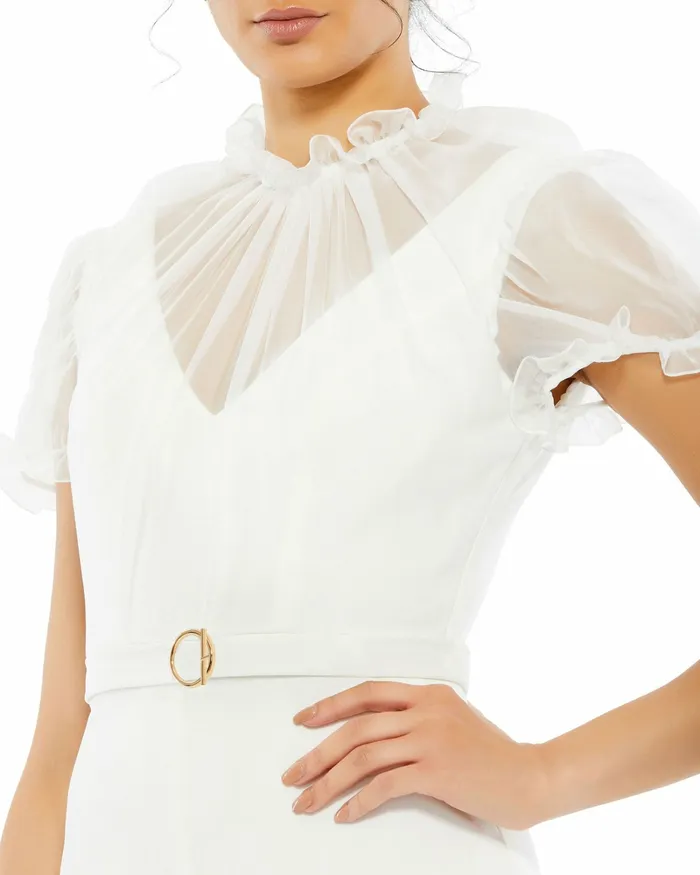 Best Sellers Women White Belted Illusion High Neck Cap Sleeve Jumpsuit White Mac Duggal