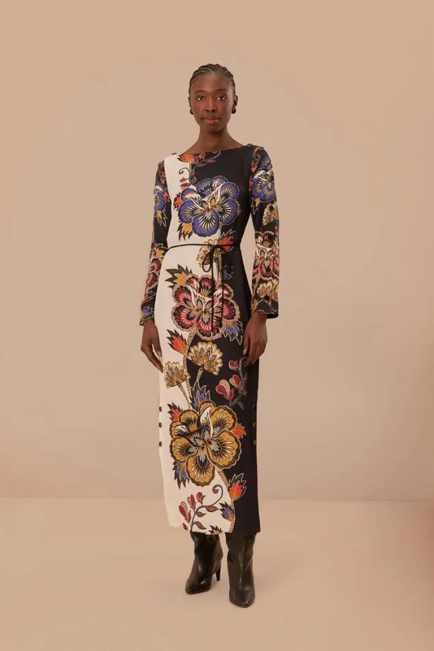 Black And White Maxi Floral Lenzing Ecovero Viscose Midi Dress Women FARM Rio Midi Dresses