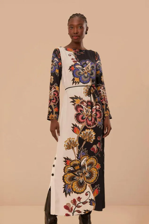 Black And White Maxi Floral Lenzing Ecovero Viscose Midi Dress Women FARM Rio Midi Dresses
