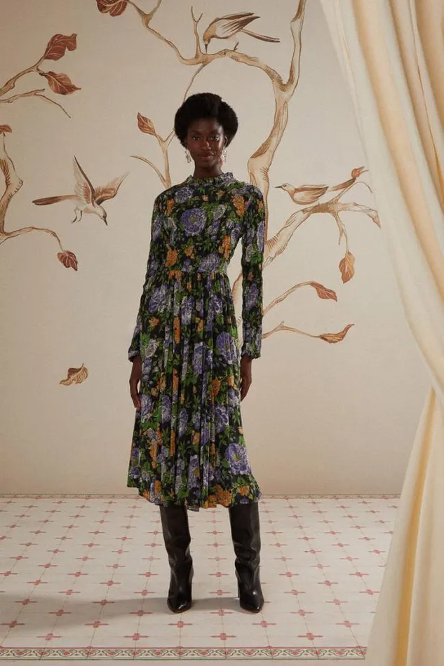 Black Capri Floral Midi Dress Long Sleeve Women FARM Rio Midi Dresses