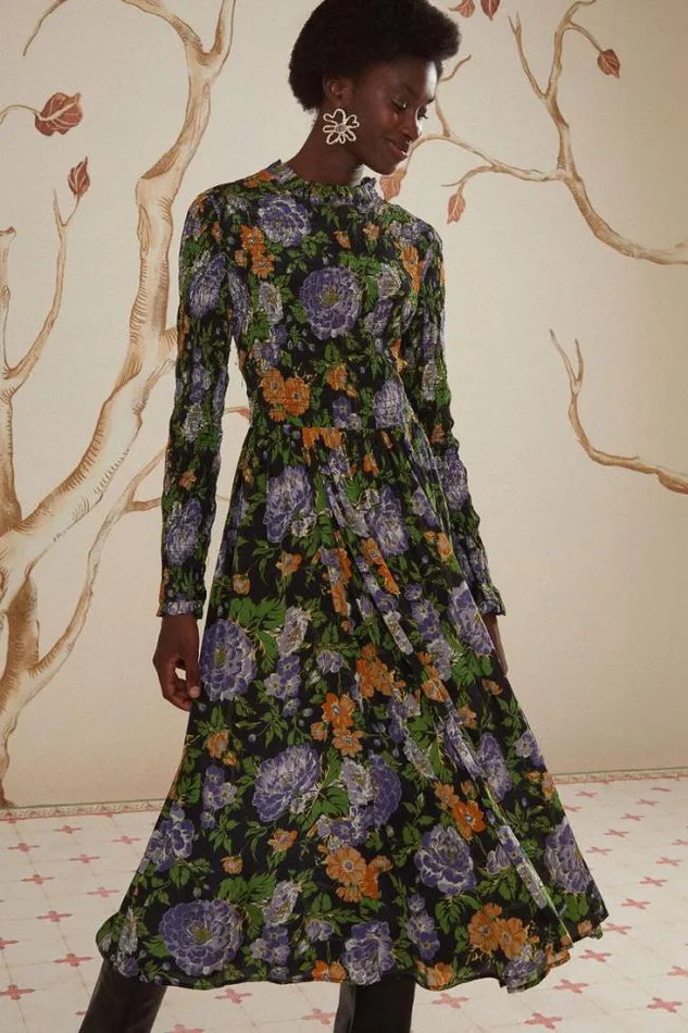 Black Capri Floral Midi Dress Long Sleeve Women FARM Rio Midi Dresses