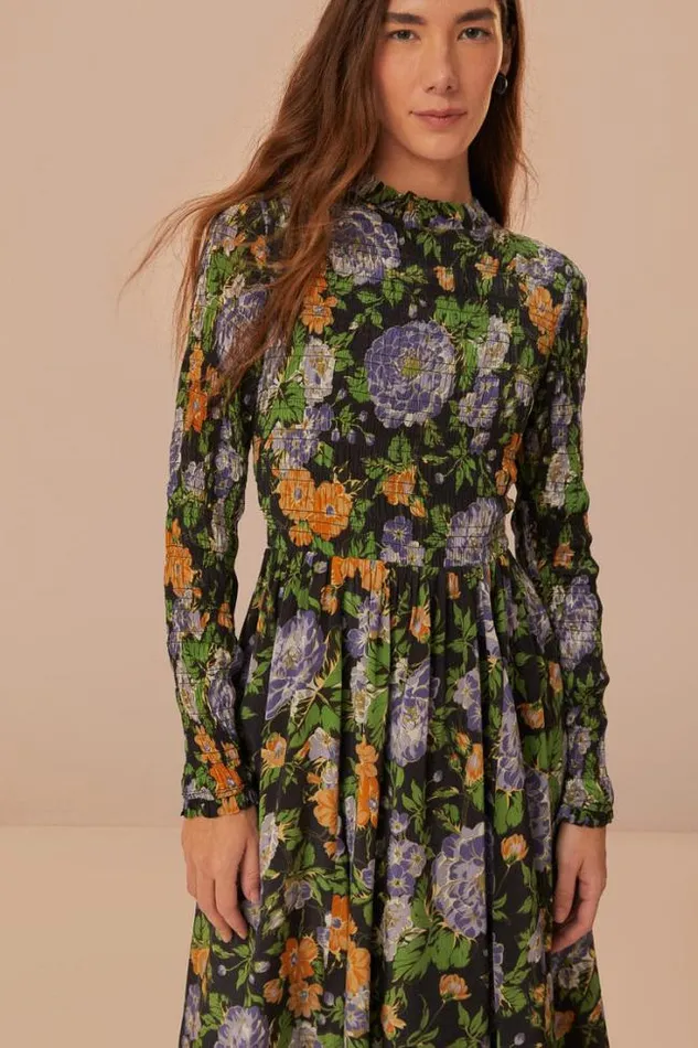 Black Capri Floral Midi Dress Long Sleeve Women FARM Rio Midi Dresses