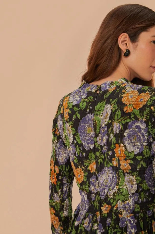 Black Capri Floral Midi Dress Long Sleeve Women FARM Rio Midi Dresses