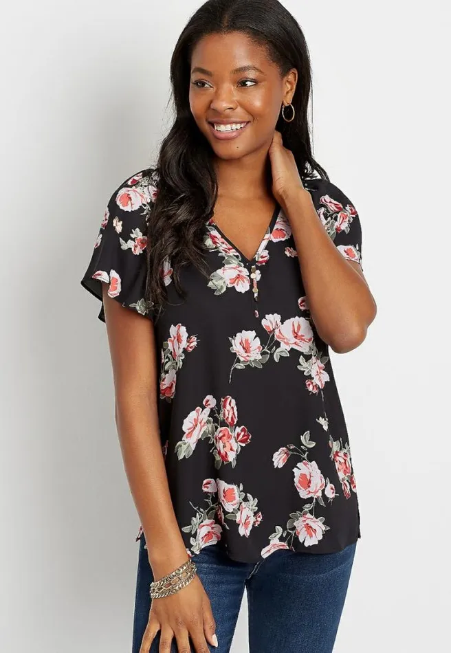 Black Floral Button Flutter Sleeve Blouse Women Maurices Tops