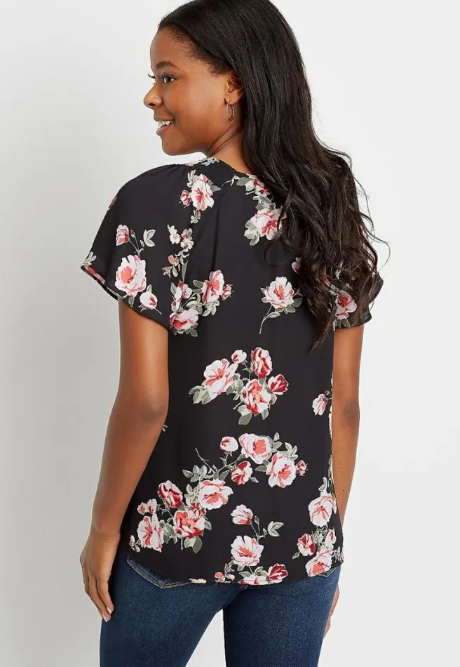 Black Floral Button Flutter Sleeve Blouse Women Maurices Tops