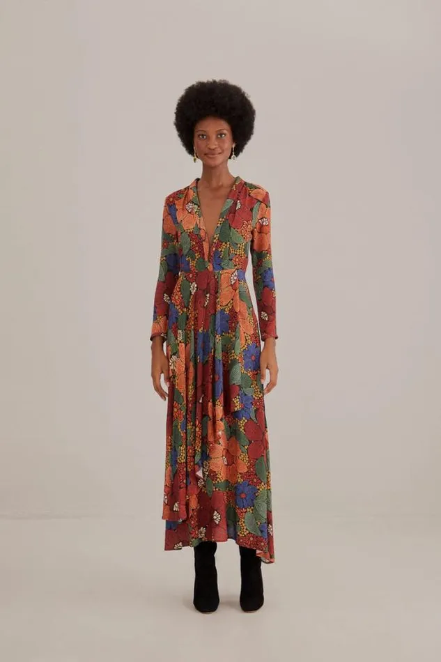 Black Stitched Flowers V Neck Maxi Dress Women FARM Rio Maxi Dresses