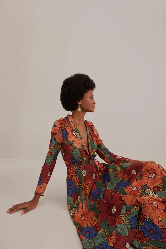 Black Stitched Flowers V Neck Maxi Dress Women FARM Rio Maxi Dresses