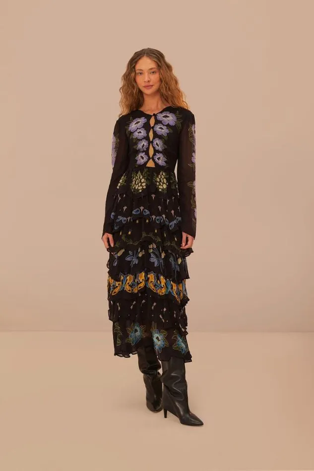 Black Winter Garden Ruffle Maxi Dress Women FARM Rio Maxi Dresses