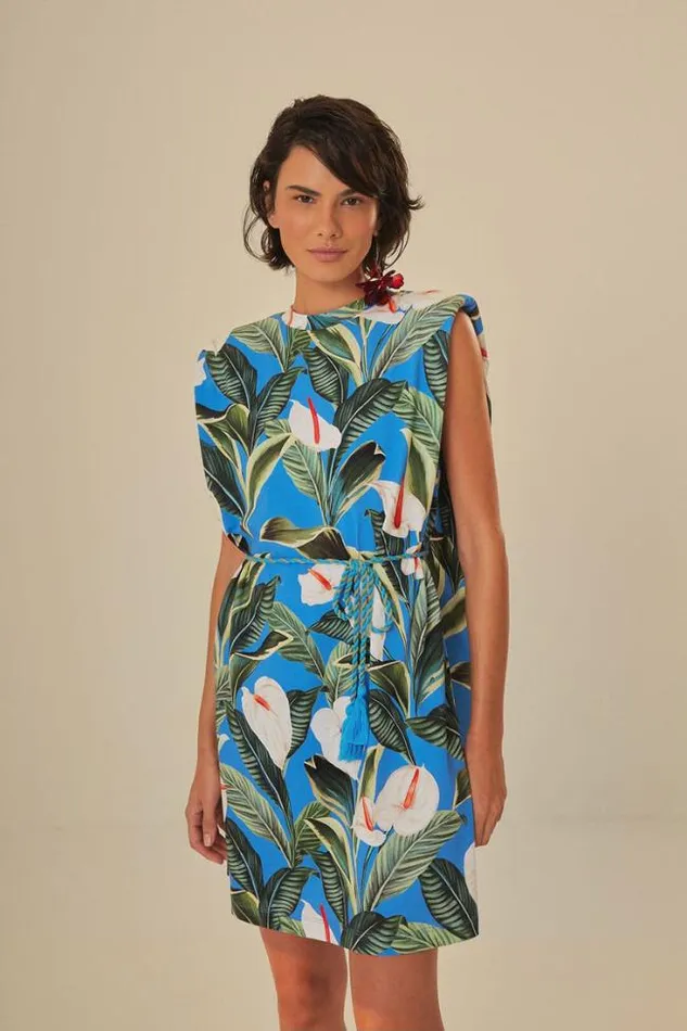 Blue Anthurium Garden Organic Cotton Mini TShirt Dress Women FARM Rio Mini Dresses
