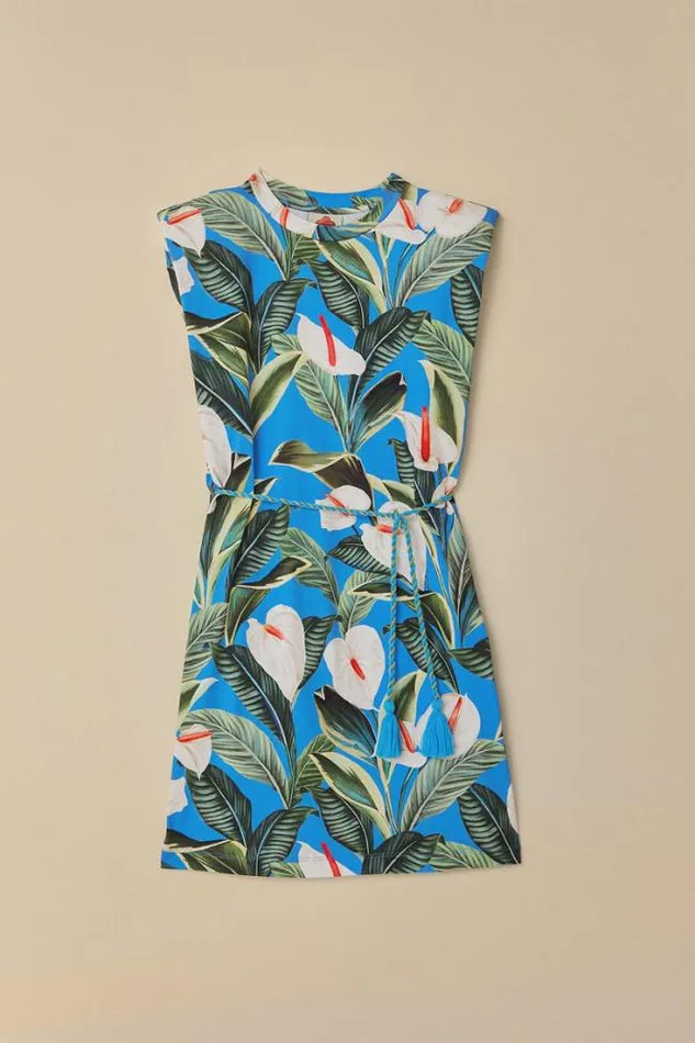 Blue Anthurium Garden Organic Cotton Mini TShirt Dress Women FARM Rio Mini Dresses