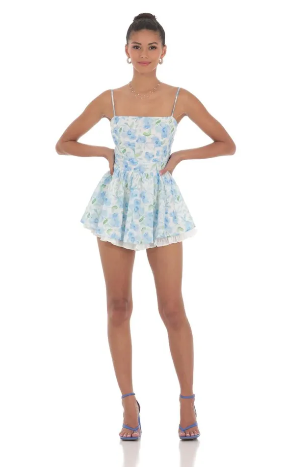 Blue Floral Ruffle Romper White Women LUCY IN THE SKY Mini Dresses