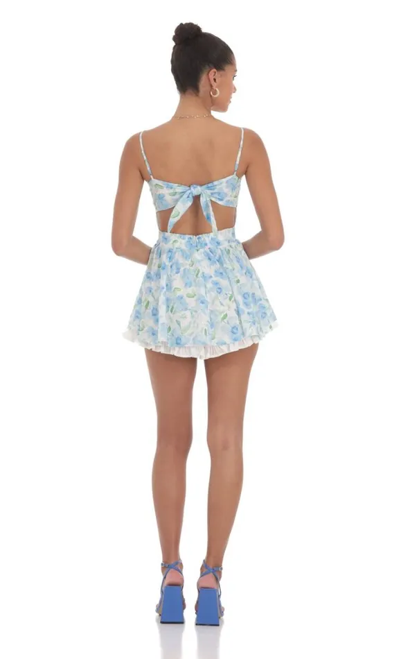 Blue Floral Ruffle Romper White Women LUCY IN THE SKY Mini Dresses Blue Floral Ruffle Romper White Women LUCY IN THE SKY Mini Dresses