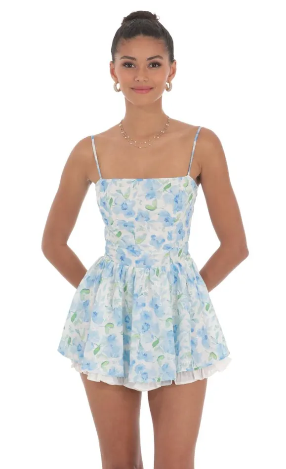 Blue Floral Ruffle Romper White Women LUCY IN THE SKY Mini Dresses Blue Floral Ruffle Romper White Women LUCY IN THE SKY Mini Dresses