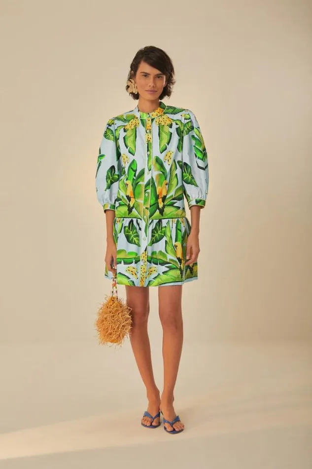 Blue Summer Foliage Scarf Organic Cotton Mini Dress Women FARM Rio Mini Dresses