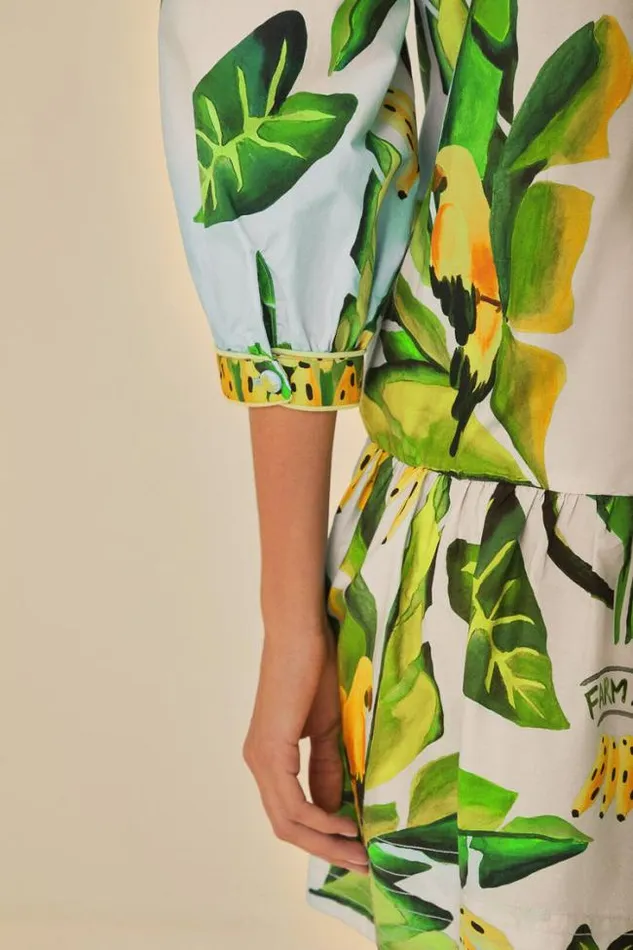 Blue Summer Foliage Scarf Organic Cotton Mini Dress Women FARM Rio Mini Dresses