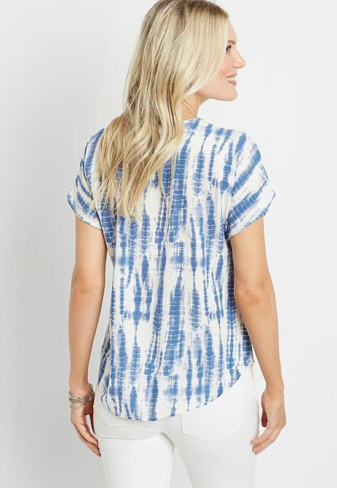 Blue Tie Dye Short Sleeve Button Down Shirt Women Maurices Tops