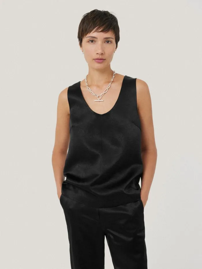 Bonded Satin Tank Top Black Women Jigsaw Shirts and Tops