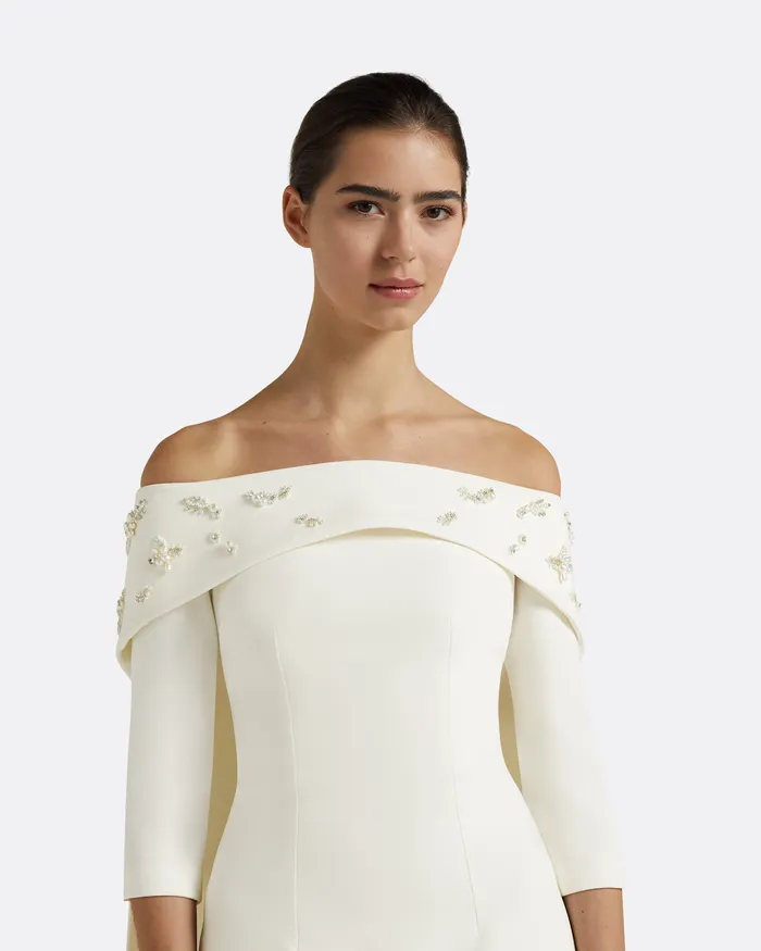 Bridal Safiyaa Women Bellara Pearl Floral Embroidered Ivory Harness and Soshin Dress Ivory