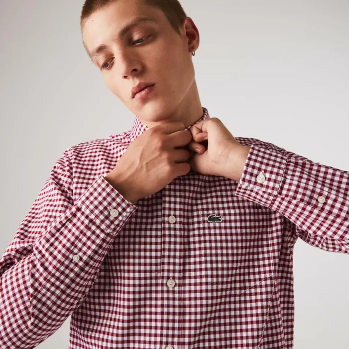Button Down Shirts Men Lacoste Men039s Regular Fit Gingham Oxford Cotton Shirt White Bordeaux 825