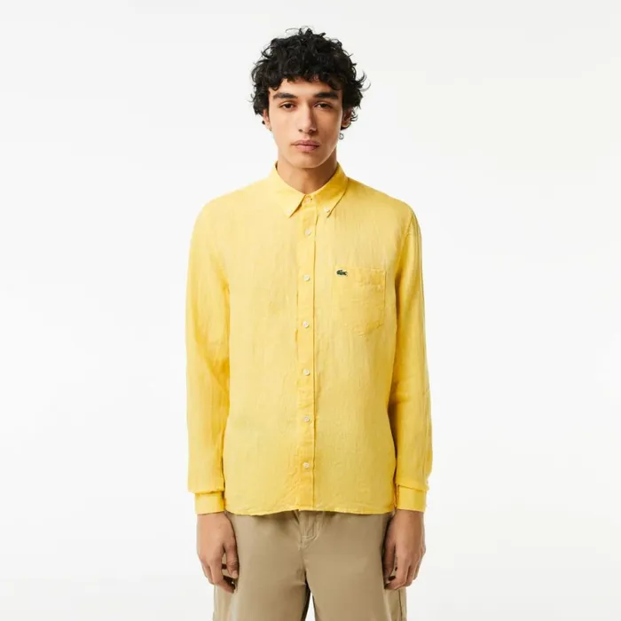 Button Down Shirts Men Lacoste Mens Linen Shirt Pastel Yellow 107