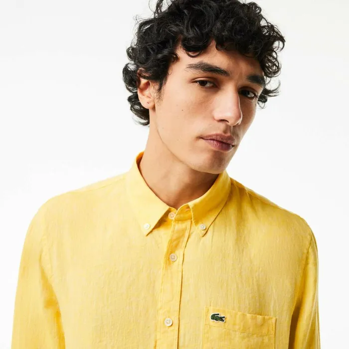 Button Down Shirts Men Lacoste Mens Linen Shirt Pastel Yellow 107