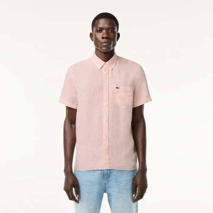 Button Down Shirts Men Lacoste Mens Short Sleeve Linen Shirt Light Pink T03