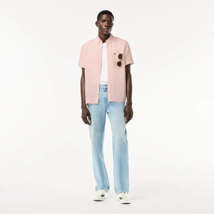 Button Down Shirts Men Lacoste Mens Short Sleeve Linen Shirt Light Pink T03