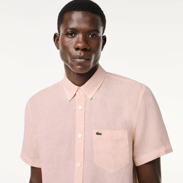Button Down Shirts Men Lacoste Mens Short Sleeve Linen Shirt Light Pink T03