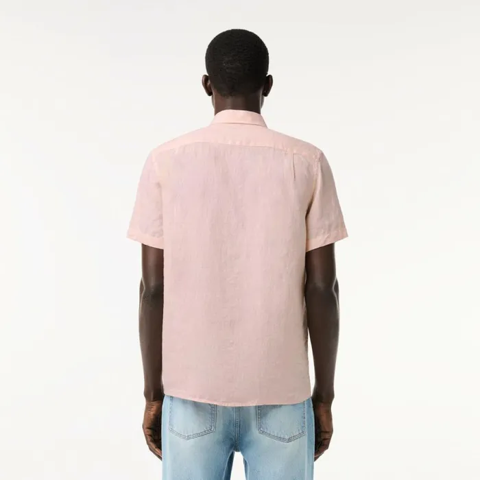 Button Down Shirts Men Lacoste Mens Short Sleeve Linen Shirt Light Pink T03