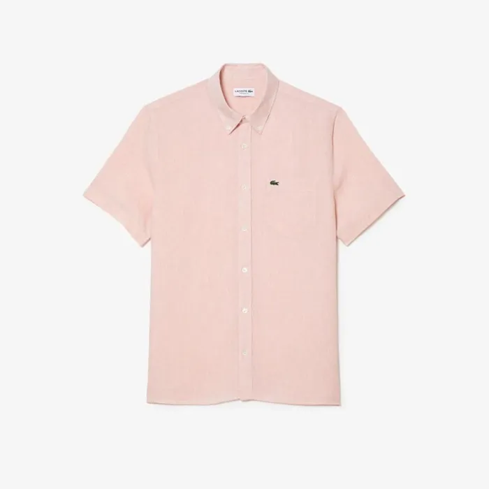 Button Down Shirts Men Lacoste Mens Short Sleeve Linen Shirt Light Pink T03