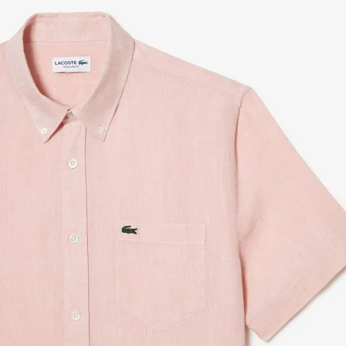 Button Down Shirts Men Lacoste Mens Short Sleeve Linen Shirt Light Pink T03
