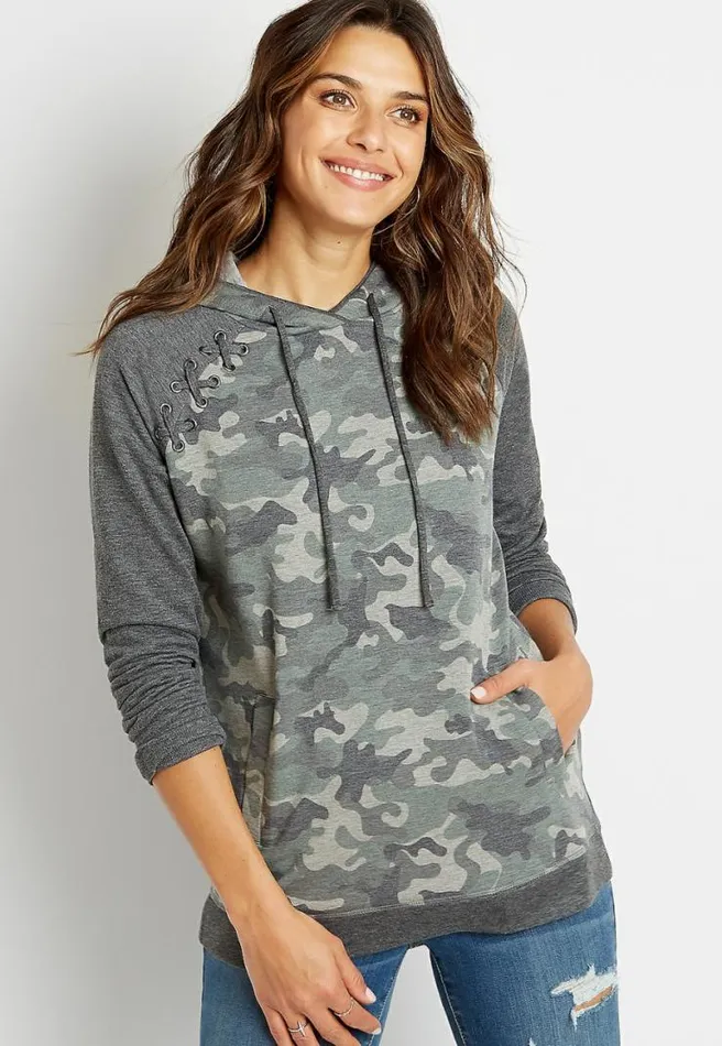 Camo Lace Up Shoulder Pullover Hoodie Women Maurices Tops