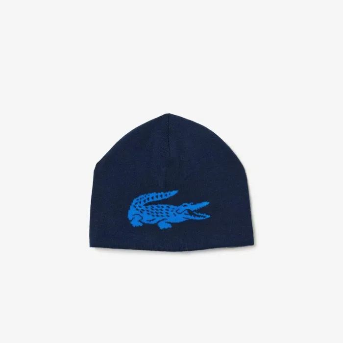 Caps and Hats MenWomen Lacoste Unisex Contrast Crocodile Reversible Beanie Navy Blue Blue Kdi